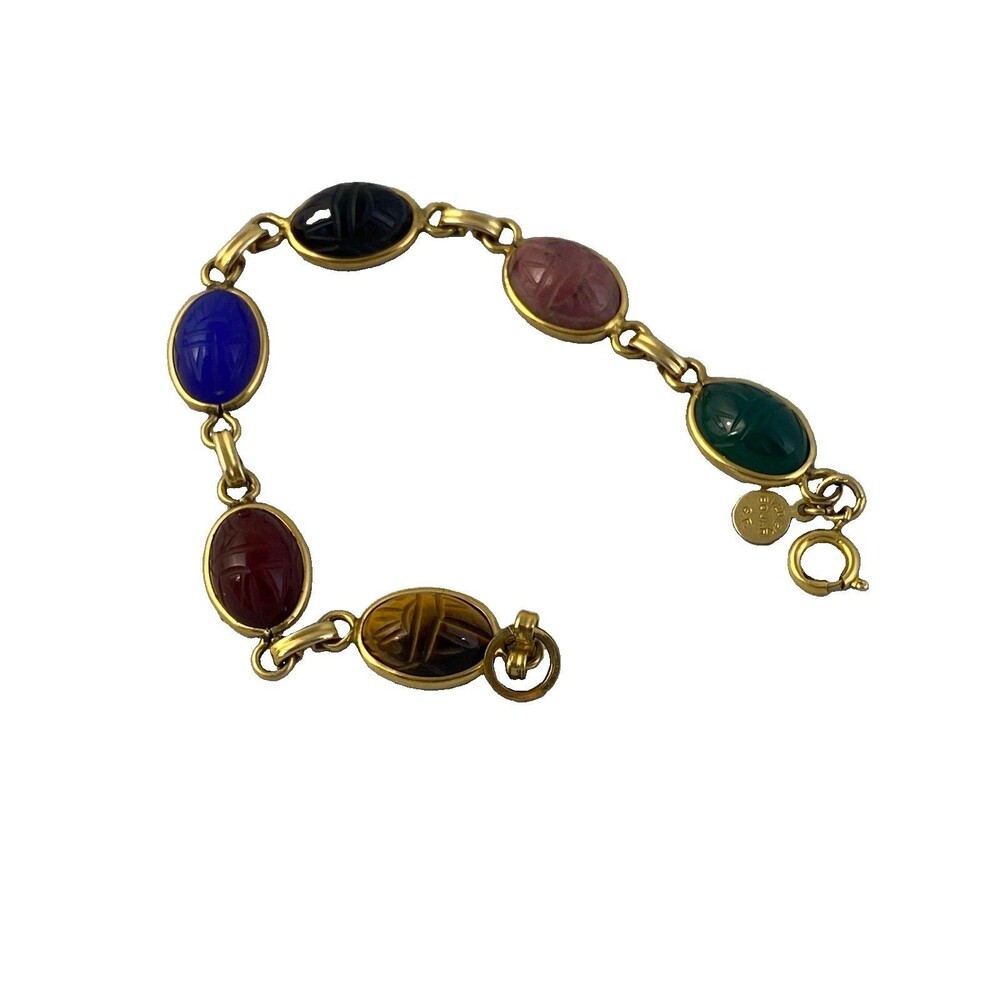 VTG BOJAR Multicolor 1/20 12K Gold Filled 6 Scarab Bracelet Carved Gemstone 7”
